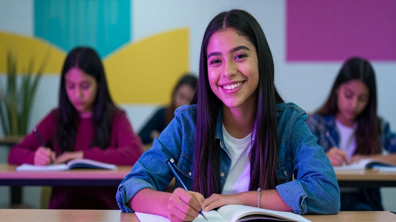 Estudiante mexicana estudiando con sonrisa en un campus moderno