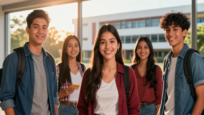 Estudiantes mexicanos sonriendo en campus moderno