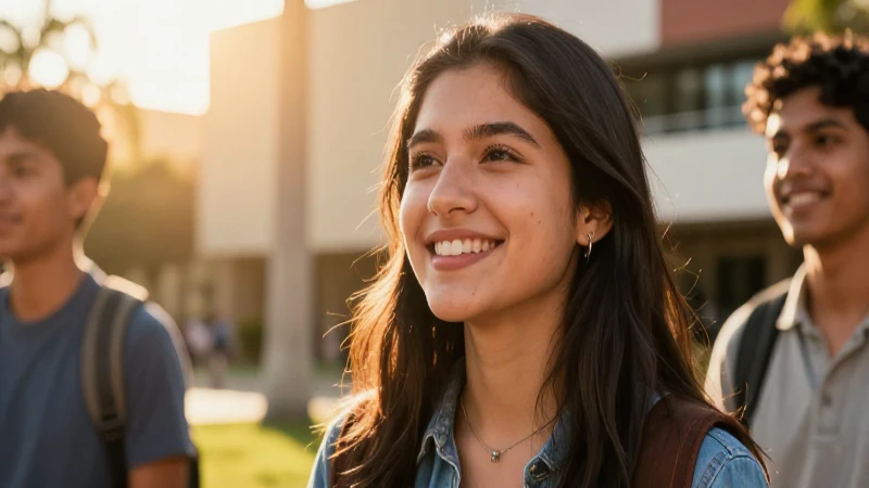 Joven mexicana esperanzada en campus vibrante