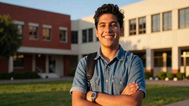 Joven mexicana sonriente en campus moderno