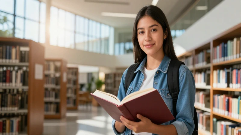 Estudiante mexicano lee en biblioteca moderna con luz