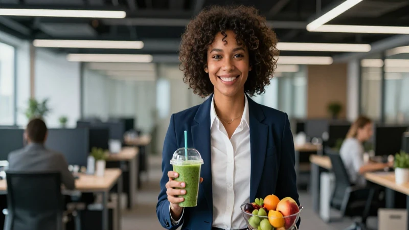 Profesional sonriendo junto a un smoothie vibrante