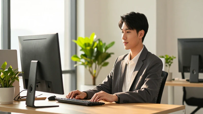 Joven profesional tranquilo en escritorio moderno