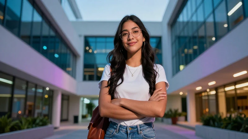 Retrato ambicioso de estudiante en campus moderno