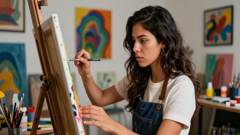Artiste mexicana creativa pinta con intenso enfoque