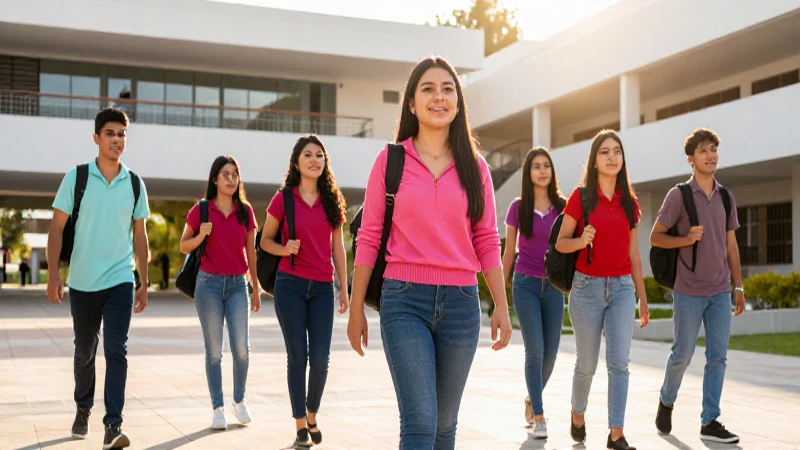 Jóvenes mexicanos en campus moderno al atardecer