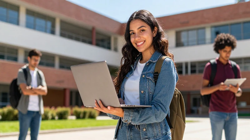 Estudiante universitario mexicano con laptop y futuro brillante