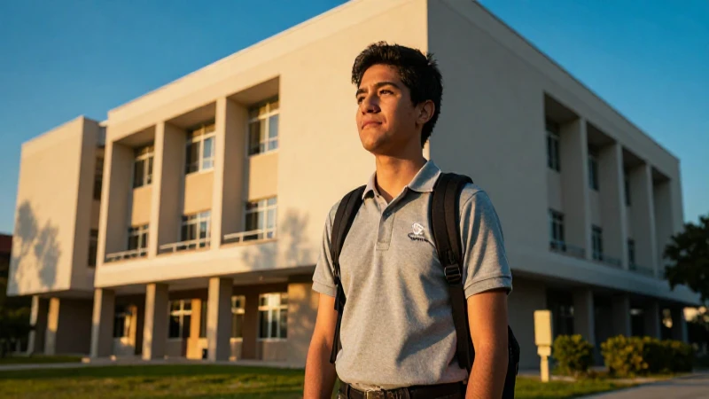 Estudiante mexicano en campus, luz dorada y profesional