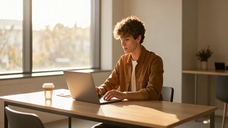 Joven enfocado en escritorio minimalista al atardecer
