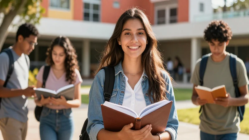 Joven mexicana estudia en campus vibrante con luz dorada