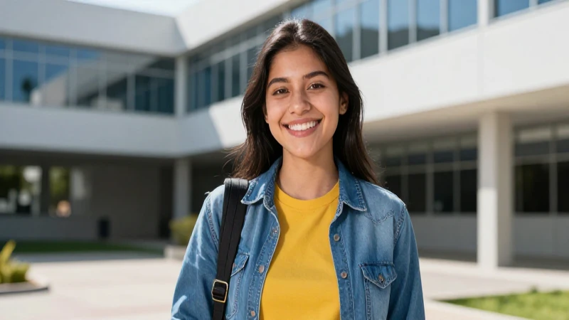 Estudiante sonriente en campus universitario vibrante