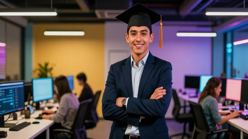 Joven mexicano profesional en oficina tecnológica moderna