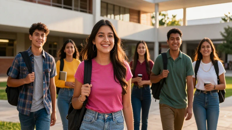 Estudiantes mexicanos sonriendo en campus moderno