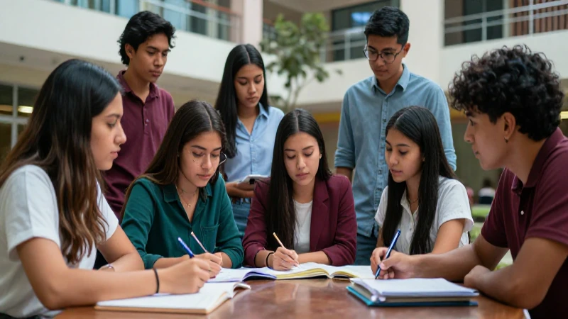 Estudiantes mexicanos estudiando en campus moderno