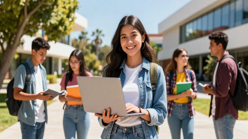 Estudiante mexicano en campus moderno con laptop