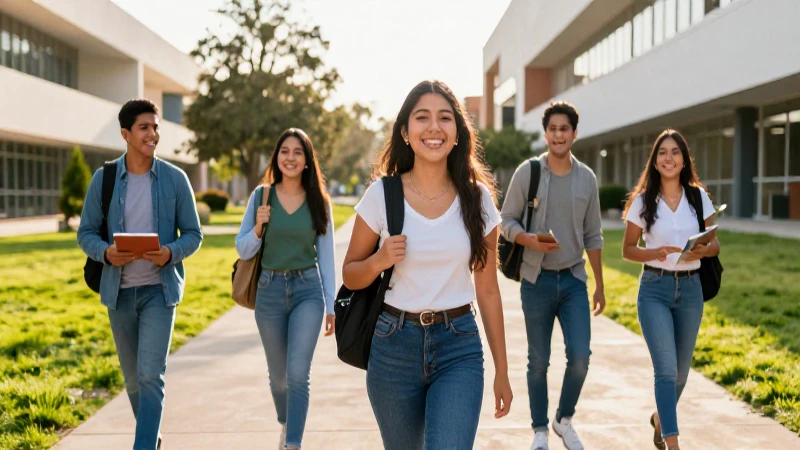 Estudiantes mexicanos alegres en campus al atardecer