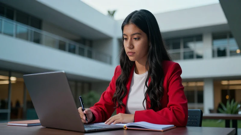 Estudiante mexicano exitoso en campus moderno