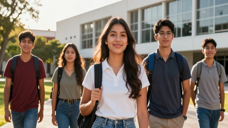 Estudiantes mexicanos en campus moderno al atardecer