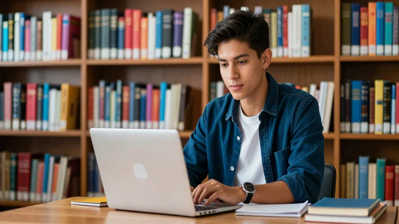 Estudiante mexicano en biblioteca con laptop, estilo cinematográfico