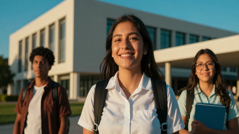 Estudiante mexicano sonriente en moderno campus universitario