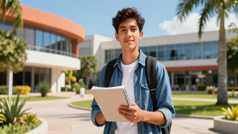 Estudiante mexicano con cuaderno en campus moderno
