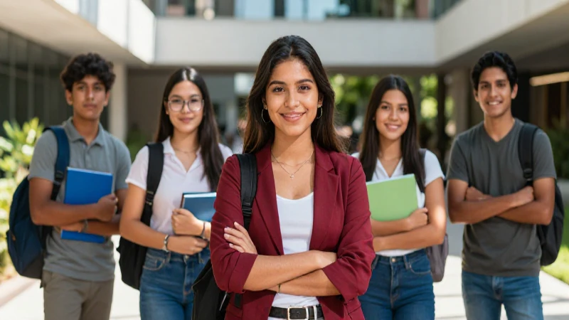 Estudiantes mexicanos en campus moderno y vibrante