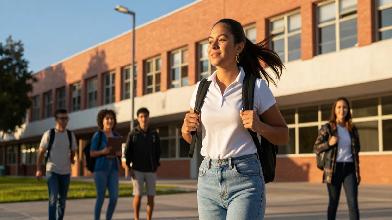Estudiante mexicana exitosa en campus vibrante al atardecer