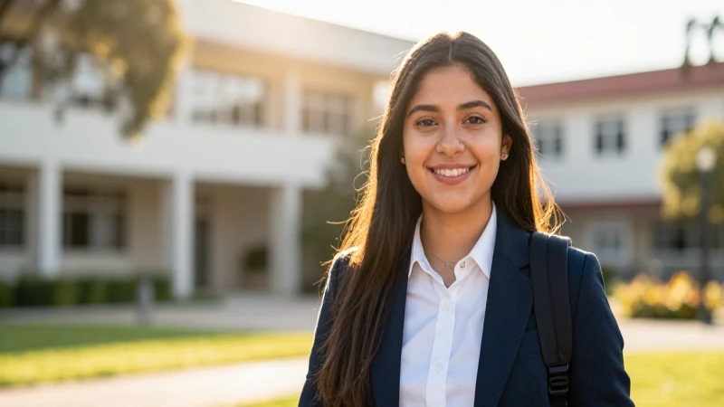 Estudiante mexicano en campus con luz dorada de oportunidad