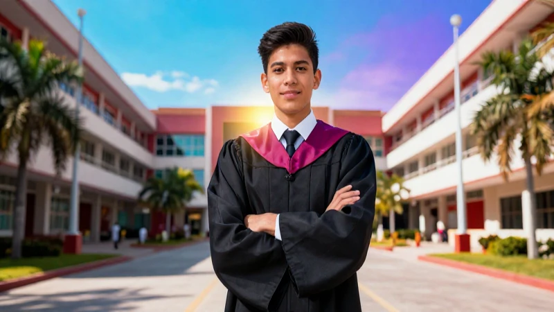 Estudiante mexicano seguro en moderno campus universitario