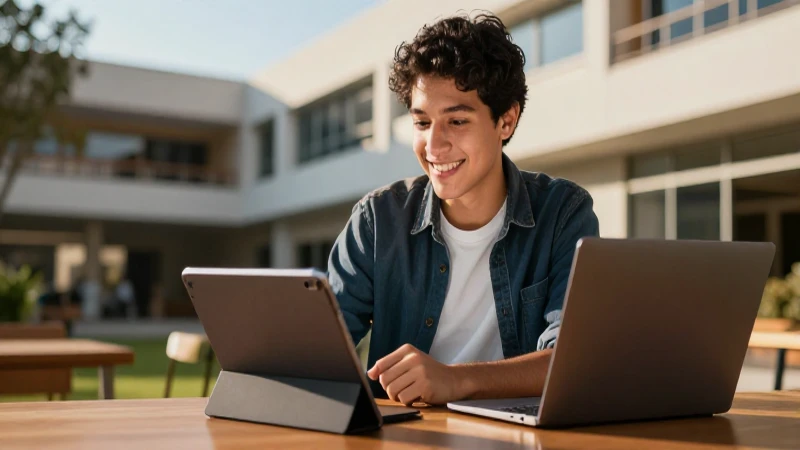 Joven mexicano estudia en campus moderno