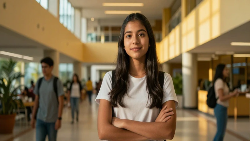 Estudiante motivado en moderno campus dorado