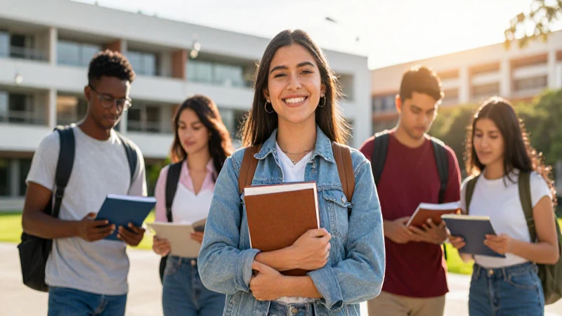 Estudiante sonriente busca opciones de financiamiento universitario
