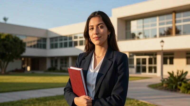 Mujer mexicana brillante en campus académico