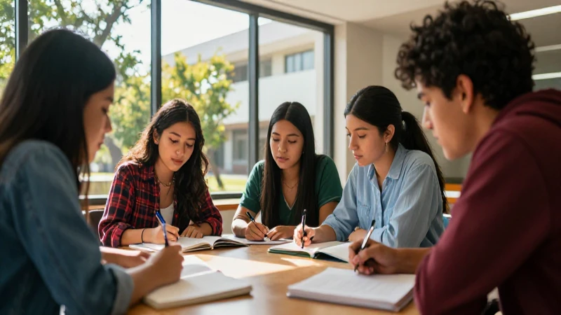 Estudiantes mexicanos en un campus moderno iluminado