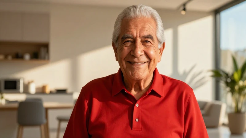 Abuelo mexicano sonriente en luz dorada