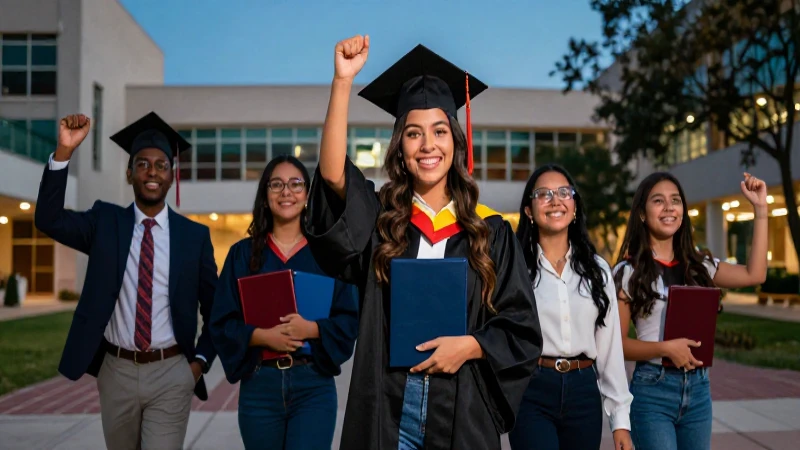 Estudiantes mexicanos celebrando éxito académico en el campus