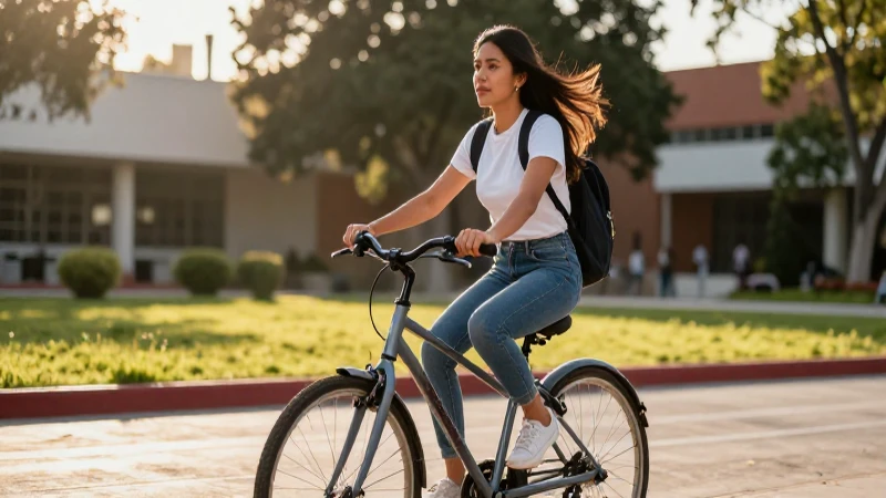 Estudiante mexicano en bicicleta con luz dorada