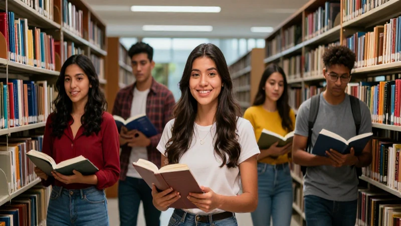 Estudiantes ambiciosos mexicanos en biblioteca moderna