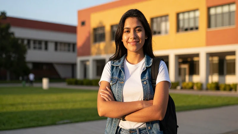 Estudiante mexicana, campus vibrante, luz dorada