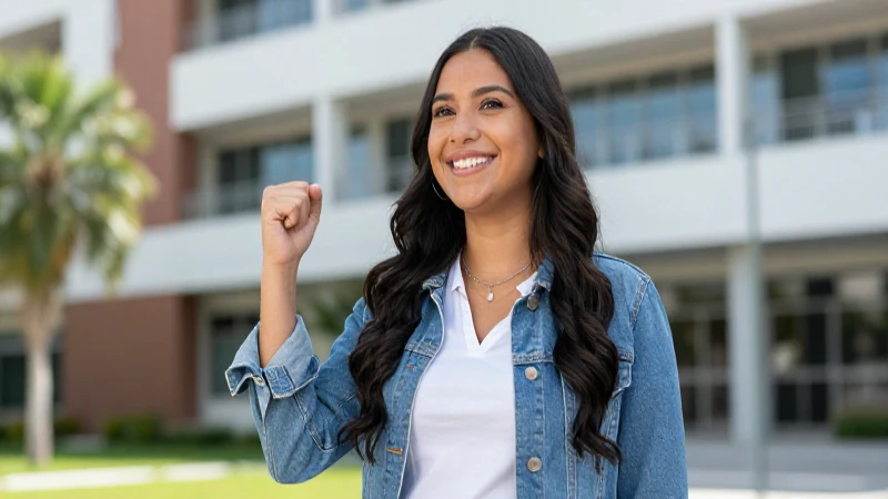 Estudiante mexicana exitosa en campus moderno