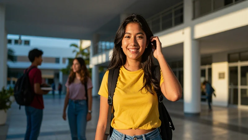 Estudiante mexicano sonríe en campus vibrante