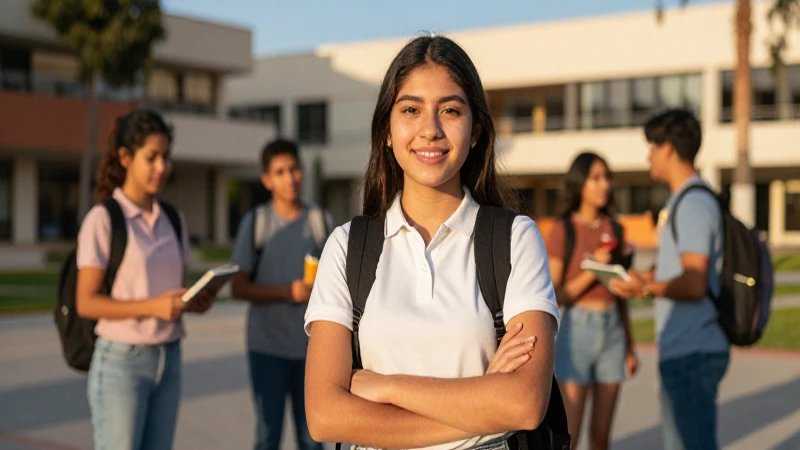 Estudiante mexicano en campus vibrante, bañada por luz dorada