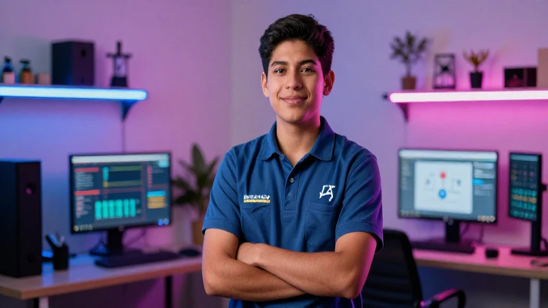 Joven mexicano en taller tecnológico vibrante