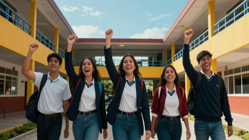 Jóvenes mexicanos celebrando un éxito vibrante en su escuela