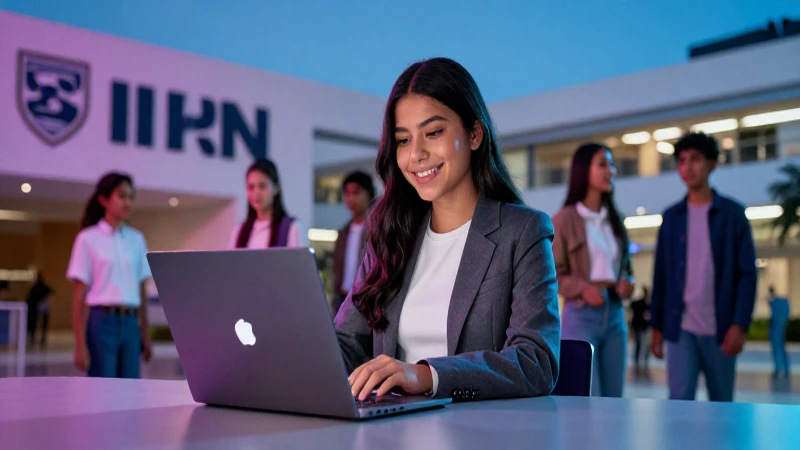 Joven de preparatoria en IPN con laptop futurista
