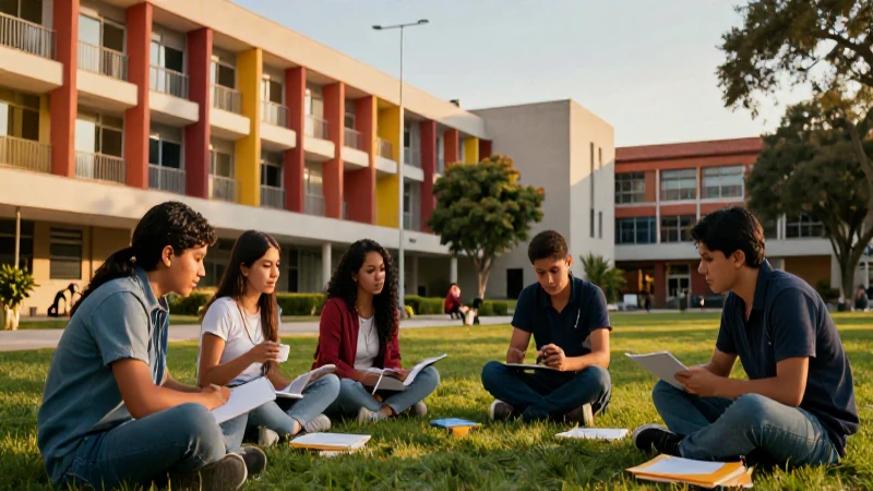 Estudiantes mexicanos en campus vibrante y cinematográfico