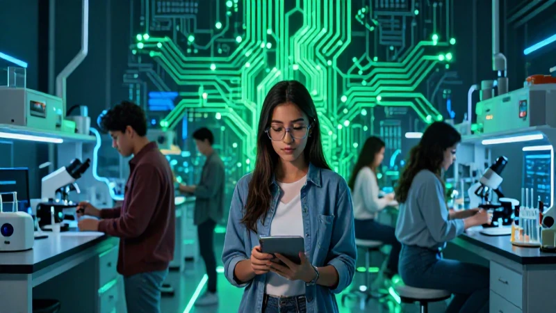Estudiante mexicano en laboratorio futurista con luces vibrantes