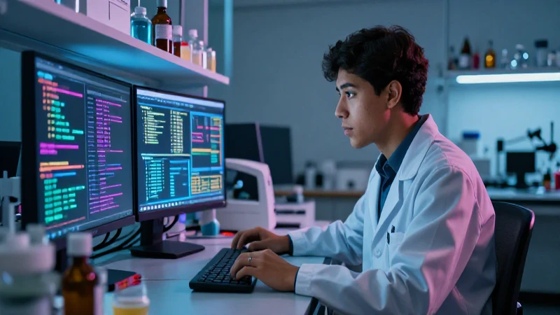 Estudiante mexicano en laboratorio con datos vibrantes