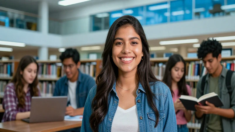 Estudiante mexicano sonriendo en biblioteca moderna