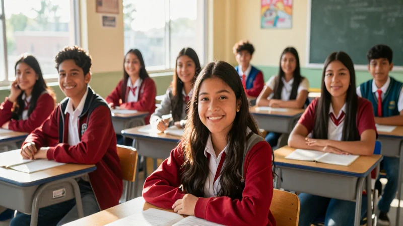 Jóvenes mexicanos sonrientes en aula moderna y luminosa